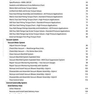 May include: A detailed contents page from a manual, listing specifications, charts, and procedures for vacuum and central commodity systems. Includes torque values, fitting assemblies, and blower assembly instructions.