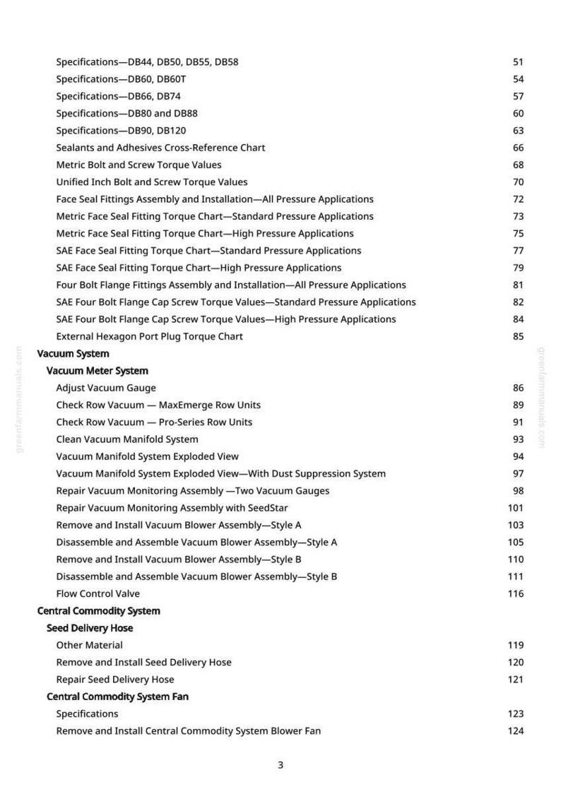 May include: A detailed contents page from a manual, listing specifications, charts, and procedures for vacuum and central commodity systems. Includes torque values, fitting assemblies, and blower assembly instructions.