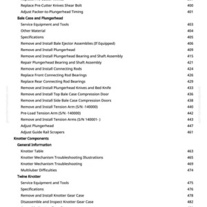 May include: A detailed table of contents from a manual, listing various mechanical procedures and components. The text is in black font on a white background, with page numbers on the right. The document covers topics like "Remove Packer Shaft" and "Knotter Components."