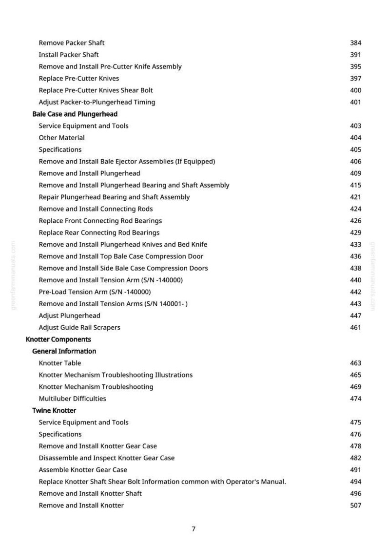 May include: A detailed table of contents from a manual, listing various mechanical procedures and components. The text is in black font on a white background, with page numbers on the right. The document covers topics like "Remove Packer Shaft" and "Knotter Components."
