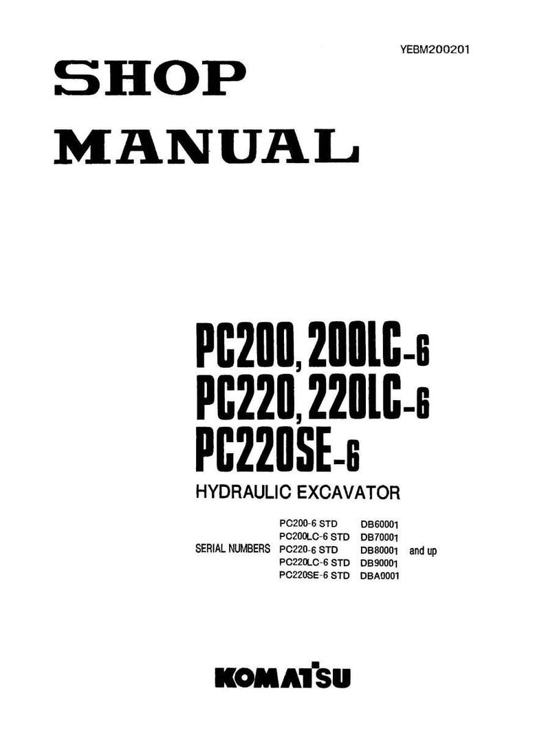 May include: A white shop manual cover with black text. The title "SHOP MANUAL" is at the top, followed by "PC200, 200LC-6, PC220, 220LC-6, PC220SE-6" and "HYDRAULIC EXCAVATOR". The Komatsu logo is at the bottom.