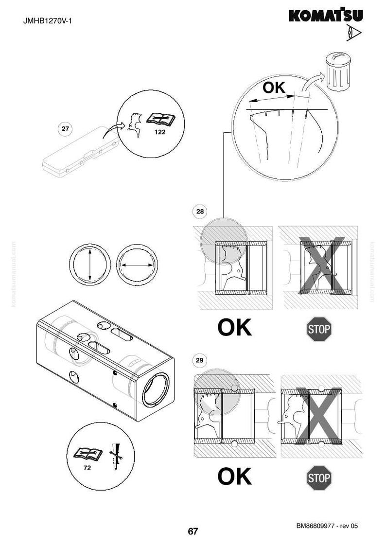 K&ouml;nnte beinhalten: Technische Zeichnung mit dem Komatsu-Logo. Die Zeichnung enth&auml;lt Illustrationen von mechanischen Komponenten sowie die W&ouml;rter "OK" und "STOP". Das Diagramm enth&auml;lt auch den Text "JMHB1270V-1" und "BM86809977 - rev 05".