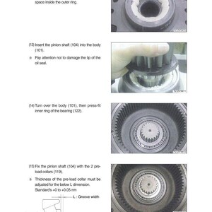 K&ouml;nnte beinhalten: Technische Zeichnung, die die Montage mechanischer Komponenten zeigt. Die Bilder zeigen Schritte wie das Einf&uuml;llen von Fett, das Einsetzen einer Ritzelwelle und das Befestigen von Vorspannkragen. Textanweisungen begleiten jeden Schritt, mit Messungen in Millimetern.