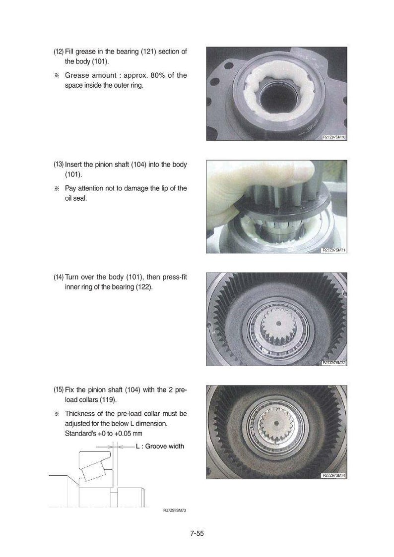 K&ouml;nnte beinhalten: Technische Zeichnung, die die Montage mechanischer Komponenten zeigt. Die Bilder zeigen Schritte wie das Einf&uuml;llen von Fett, das Einsetzen einer Ritzelwelle und das Befestigen von Vorspannkragen. Textanweisungen begleiten jeden Schritt, mit Messungen in Millimetern.