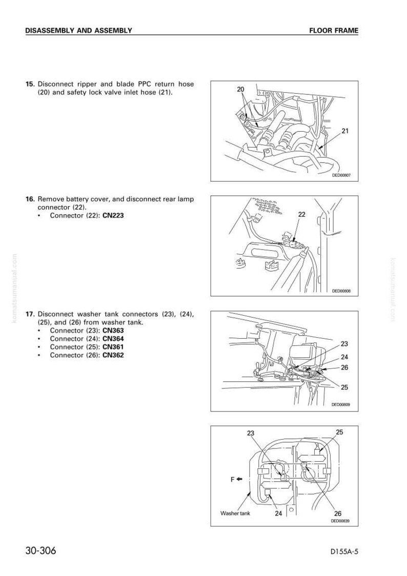 Pu&ograve; includere: Diagramma da un manuale che mostra lo smontaggio e il montaggio di un telaio del pavimento. L'immagine include illustrazioni dettagliate di vari connettori, tubi flessibili e componenti, con etichette e numeri di parte.