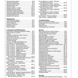 May include: A detailed table of contents from a manual, with a white background and black text. The pages list maintenance and service procedures for a machine, including lubrication, adjustments, and part replacements.