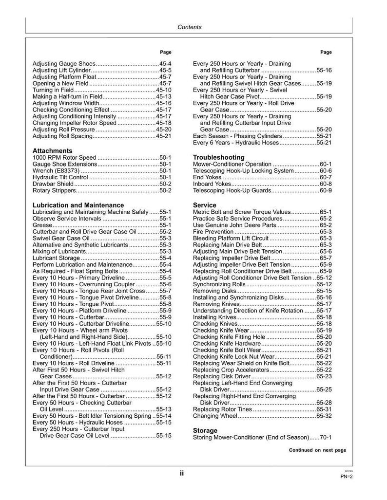 May include: A detailed table of contents from a manual, with a white background and black text. The pages list maintenance and service procedures for a machine, including lubrication, adjustments, and part replacements.