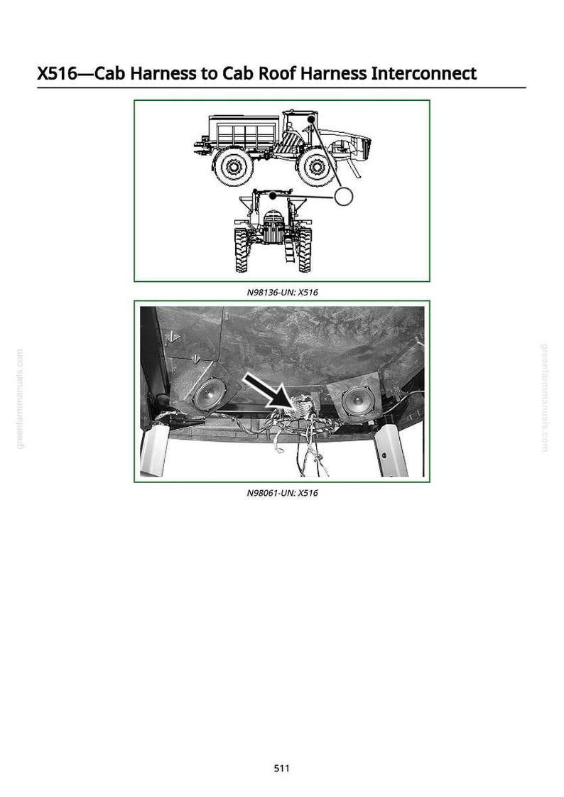 May include: Diagram of a cab harness to cab roof harness interconnect. The image includes illustrations of a tractor and its components, along with the text "X516-Cab Harness to Cab Roof Harness Interconnect".