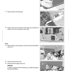 May include: Diagram of the fuel tank assembly removal and installation process. The image shows various steps, including removing bolts, closing covers, and disconnecting hoses. Text labels and numbers identify each part and step.