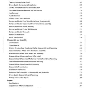 Puede incluir: Una p&aacute;gina blanca con un &iacute;ndice de un manual. El texto incluye "Quitar e Instalar", "Desmontar y Ensamblar" e "Inspeccionar". Los n&uacute;meros de p&aacute;gina se enumeran a la derecha. El sitio web greenfarmmanuals.com es visible.