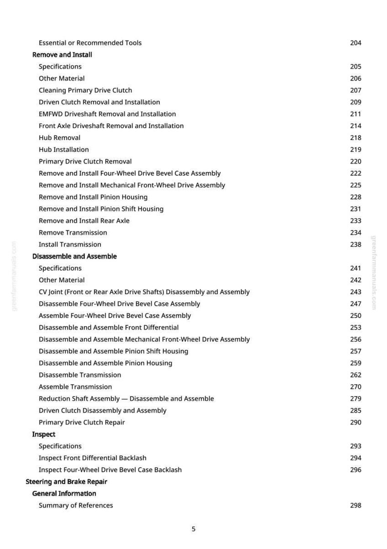 Puede incluir: Una p&aacute;gina blanca con un &iacute;ndice de un manual. El texto incluye "Quitar e Instalar", "Desmontar y Ensamblar" e "Inspeccionar". Los n&uacute;meros de p&aacute;gina se enumeran a la derecha. El sitio web greenfarmmanuals.com es visible.