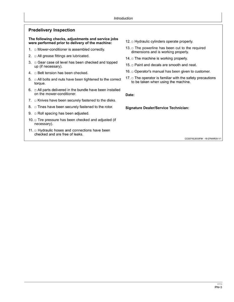 Puede incluir: Un documento blanco titulado "Inspecci&oacute;n previa a la entrega" con una lista de comprobaciones y ajustes para una m&aacute;quina. El documento incluye elementos numerados como "El acondicionador de la segadora est&aacute; correctamente montado".