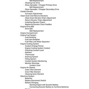 Puede incluir: Una lista detallada de componentes y sistemas mec&aacute;nicos, incluyendo correas, transmisiones y piezas de motor. El texto est&aacute; organizado jer&aacute;rquicamente, con subelementos agrupados bajo categor&iacute;as como "Engine Fuel System" y "Electrical System."