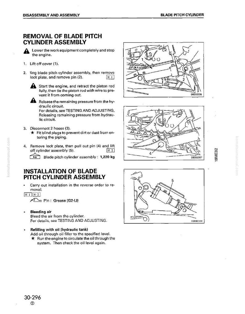 May include: A technical diagram from a manual detailing the disassembly and assembly of a blade pitch cylinder. The text includes instructions for removal and installation, with accompanying illustrations of the components and their arrangement. The diagram also includes a weight measurement of 1,220 kg.