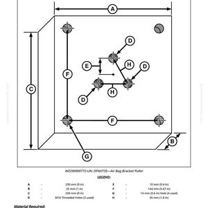 May include: Diagram of an air bag bracket puller, labeled DFNXT35. The diagram includes measurements in inches and millimeters, with dimensions such as 9 inches, 1 inch, and 5.67 inches. It also shows threaded holes and other features.