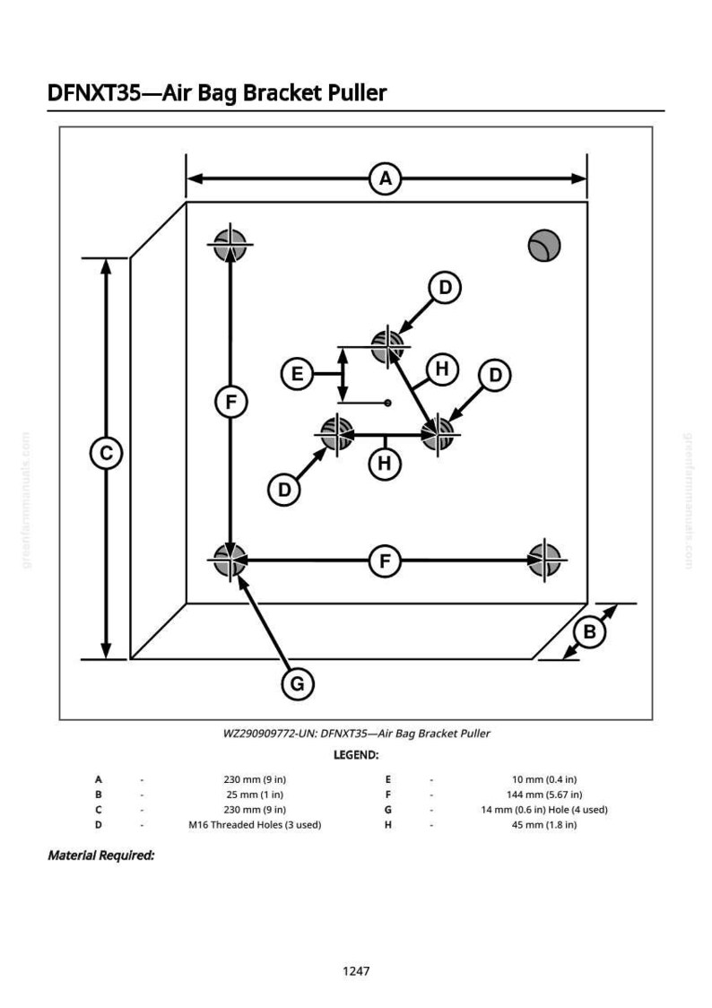 May include: Diagram of an air bag bracket puller, labeled DFNXT35. The diagram includes measurements in inches and millimeters, with dimensions such as 9 inches, 1 inch, and 5.67 inches. It also shows threaded holes and other features.