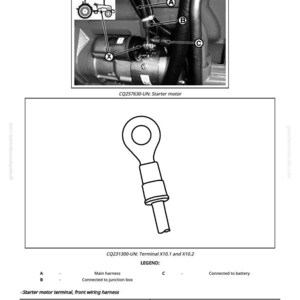 May include: Diagram of starter motor terminals with labels A, B, and C. Includes a diagram of a ring terminal connector. Text includes "Starter motor terminal, front wiring harness" and "CQ231300-UN: Terminal X10.1 and X10.2".