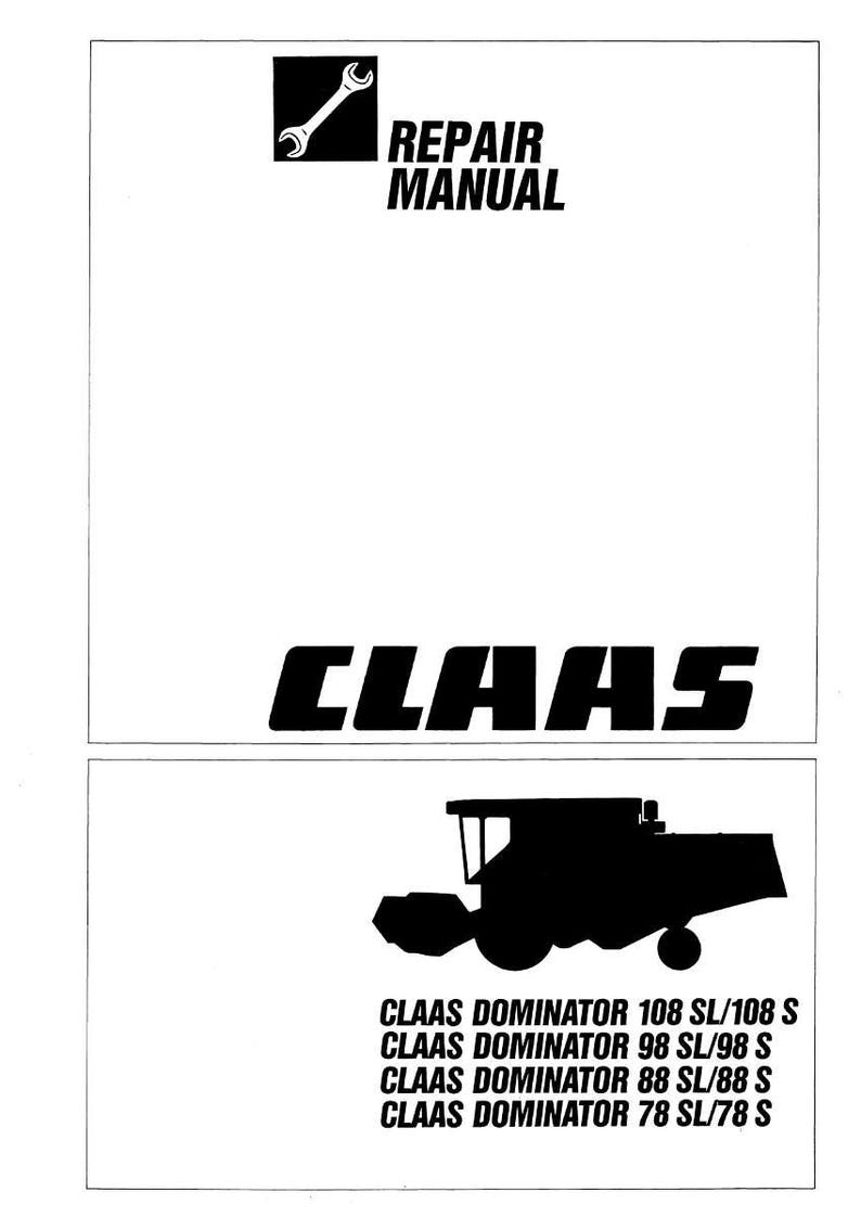 Puede incluir: Una portada de manual de reparaci&oacute;n blanca con el texto "REPAIR MANUAL" y un icono de llave inglesa. Debajo, la palabra "CLAAS" se muestra en negrita. La secci&oacute;n inferior presenta una silueta negra de una cosechadora, con n&uacute;meros de modelo.