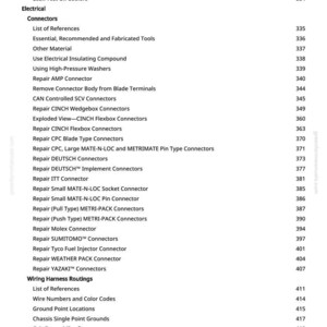May include: A page from a manual with a list of electrical connectors and wiring harness routings. The text is black on a white background, with page numbers on the right. The manual includes specifications and repair instructions.