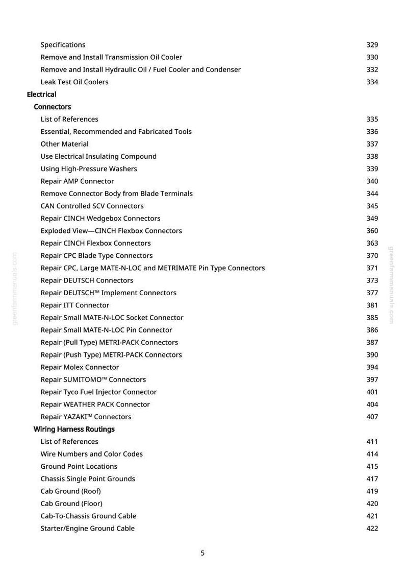 May include: A page from a manual with a list of electrical connectors and wiring harness routings. The text is black on a white background, with page numbers on the right. The manual includes specifications and repair instructions.