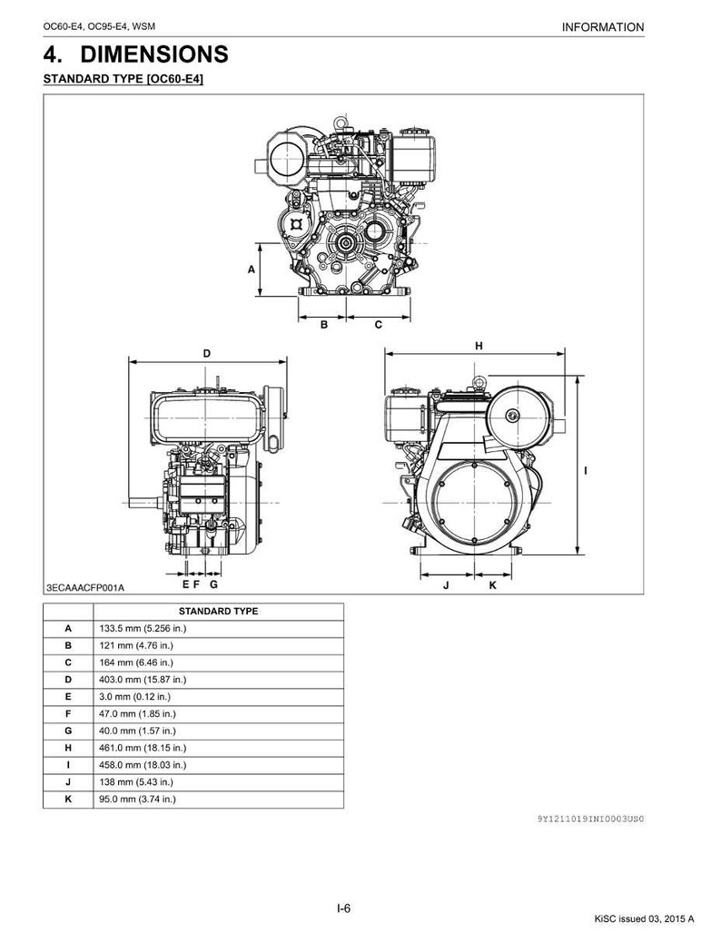May include: Diagram of a standard type OC60-E4 engine with dimensions in inches and millimeters. The image includes top, side, and front views, with labeled measurements for various engine components. The text includes the title "4. DIMENSIONS".