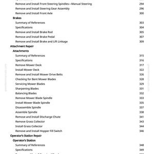 May include: A page from a manual with the title "Steering and Brake Repair." The table of contents lists topics such as steering, brakes, attachment repair, and operator's station repair. Page numbers are listed on the right.