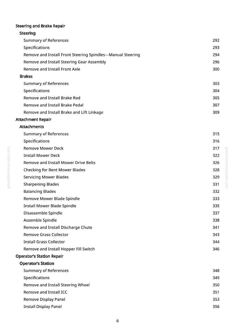 May include: A page from a manual with the title "Steering and Brake Repair." The table of contents lists topics such as steering, brakes, attachment repair, and operator's station repair. Page numbers are listed on the right.