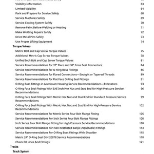 May include: A page from a manual with a list of service recommendations and instructions, including topics like torque values, safety procedures, and track system maintenance. The text is black on a white background.