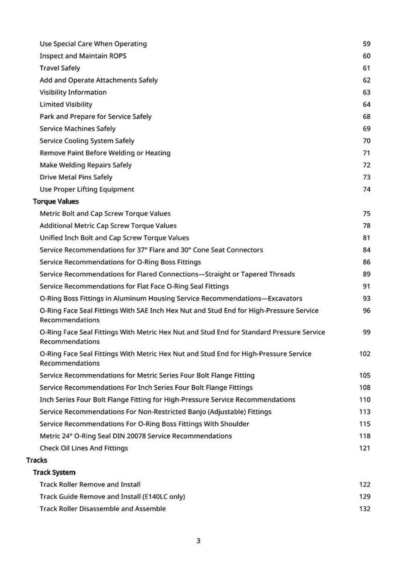 May include: A page from a manual with a list of service recommendations and instructions, including topics like torque values, safety procedures, and track system maintenance. The text is black on a white background.