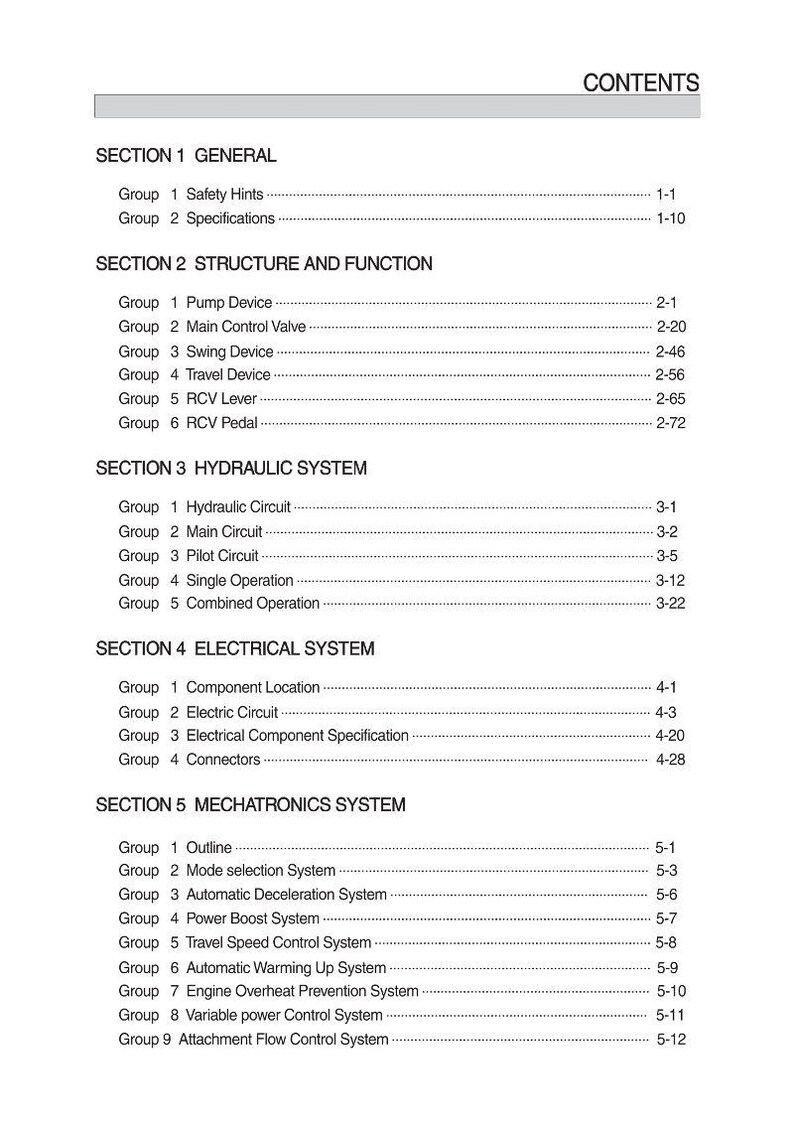 May include: A detailed table of contents from a manual, with headings and subheadings in black text on a white background. The document is divided into sections such as General, Structure and Function, Hydraulic System, Electrical System, and Mechatronics System.