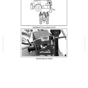 Pu&ograve; includere: Diagramma di un motore idraulico ad aria di bordo, con la scritta "M0003 - On Board Air Hydraulic Motor". L'immagine include un'illustrazione a tratto di un veicolo e una vista dettagliata del gruppo motore. L'immagine include anche il testo "WZ290903577-UN: Location Line Art" e "WZ290913660-UN: M0003."