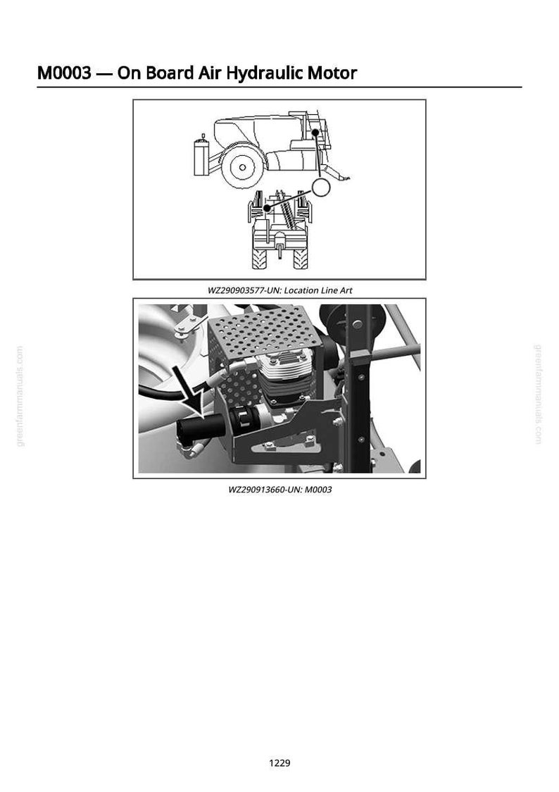 Pu&ograve; includere: Diagramma di un motore idraulico ad aria di bordo, con la scritta "M0003 - On Board Air Hydraulic Motor". L'immagine include un'illustrazione a tratto di un veicolo e una vista dettagliata del gruppo motore. L'immagine include anche il testo "WZ290903577-UN: Location Line Art" e "WZ290913660-UN: M0003."