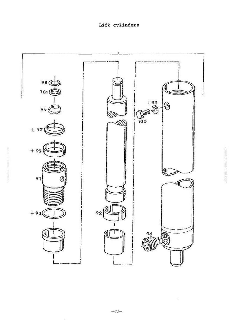May include: An exploded diagram of lift cylinders, with various components labeled. The image is a black and white technical illustration, showing parts like rings, bolts, and cylindrical sections.