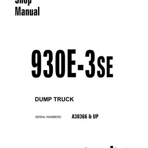 May include: A white shop manual cover with the text "Shop Manual" in bold black font. The title "930E-3SE" is prominently displayed, along with "DUMP TRUCK" and serial numbers. The Komatsu logo is at the bottom.