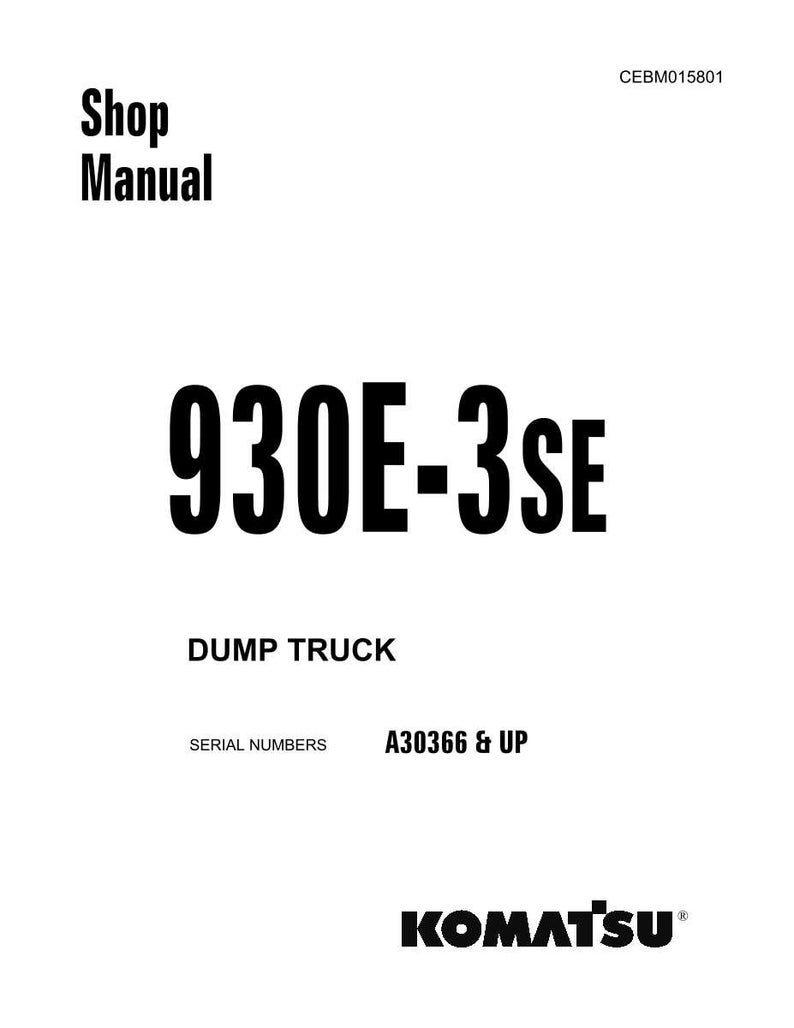 May include: A white shop manual cover with the text "Shop Manual" in bold black font. The title "930E-3SE" is prominently displayed, along with "DUMP TRUCK" and serial numbers. The Komatsu logo is at the bottom.