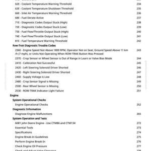 May include: A page from a manual with a list of engine diagnostic codes and system operational checks. The text includes terms like "Coolant Low," "Fuel Derate Active," and "Engine Speed Not Above 1800 RPM."