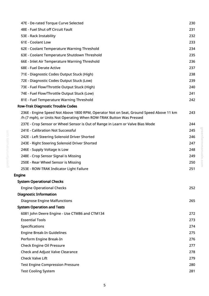 May include: A page from a manual with a list of engine diagnostic codes and system operational checks. The text includes terms like "Coolant Low," "Fuel Derate Active," and "Engine Speed Not Above 1800 RPM."