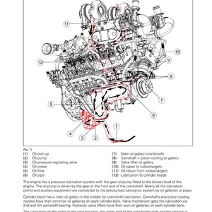 Może przedstawiać: Szczeg&oacute;łowy schemat systemu smarowania silnika, oznaczony numerami i strzałkami. Komponenty obejmują pob&oacute;r oleju, pompę, filtr i przewody. Diagram jest ilustracją techniczną.