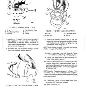 May include: Technical diagram of steering component repair, featuring detailed illustrations of bearing installation, check ball installation, and spool & sleeve installation. Includes labeled parts and assembly instructions.