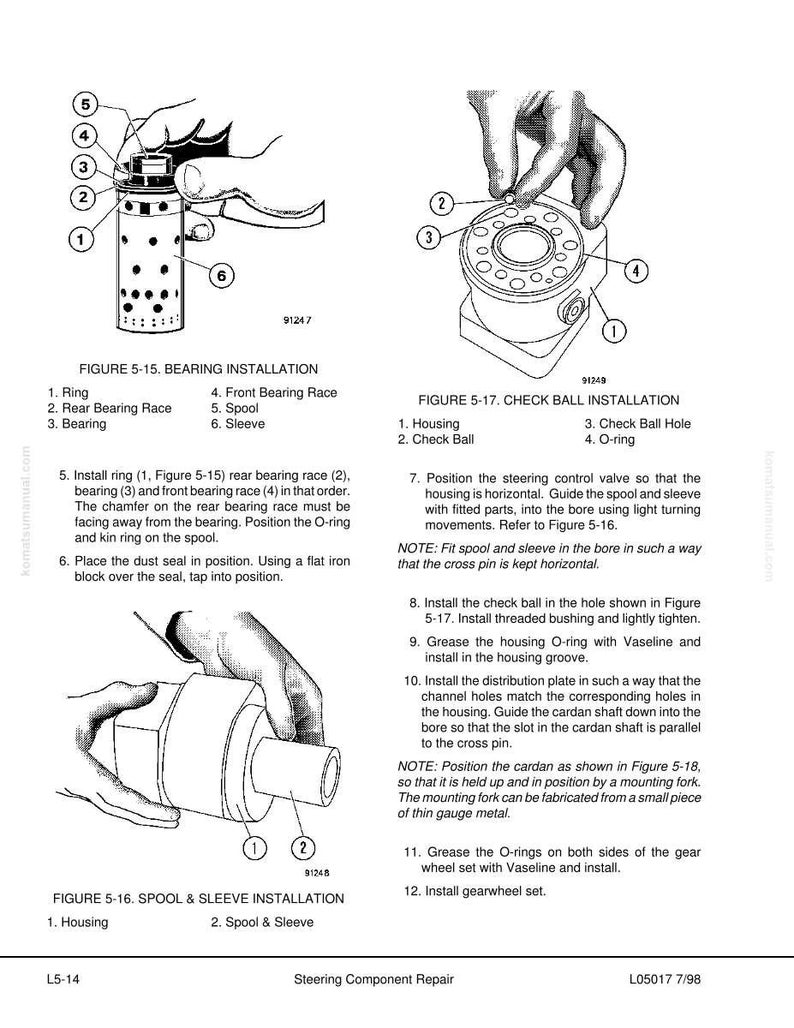 May include: Technical diagram of steering component repair, featuring detailed illustrations of bearing installation, check ball installation, and spool & sleeve installation. Includes labeled parts and assembly instructions.