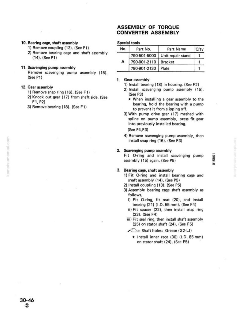 May include: A page from a technical manual illustrating the assembly of a torque converter. It features numbered instructions, part numbers, and diagrams for components such as bearings, gears, and shaft assemblies. Text is black on a white background.