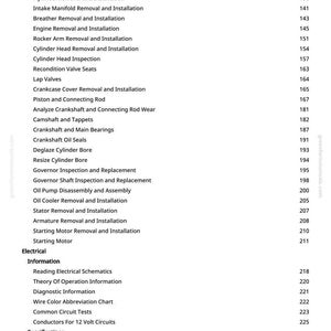 May include: A manual page featuring a table of contents for engine repair and electrical system information. Topics include carburetor repair, fuel pump replacement, and reading electrical schematics.