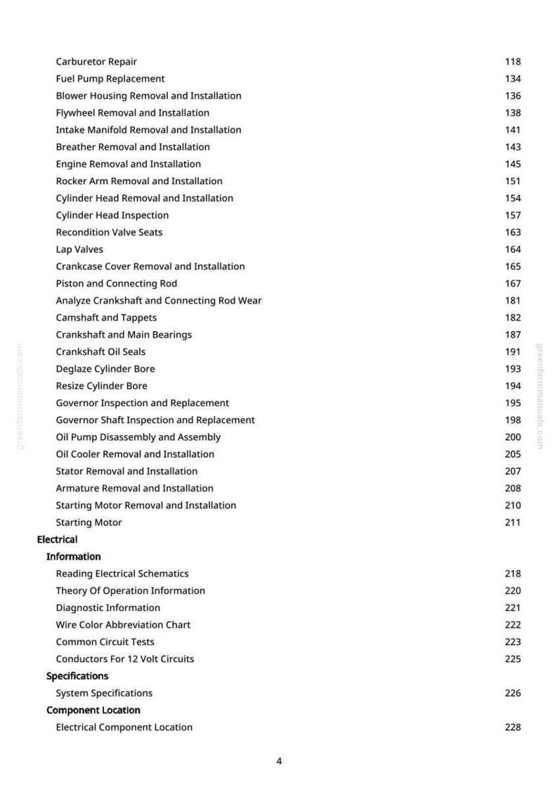 May include: A manual page featuring a table of contents for engine repair and electrical system information. Topics include carburetor repair, fuel pump replacement, and reading electrical schematics.