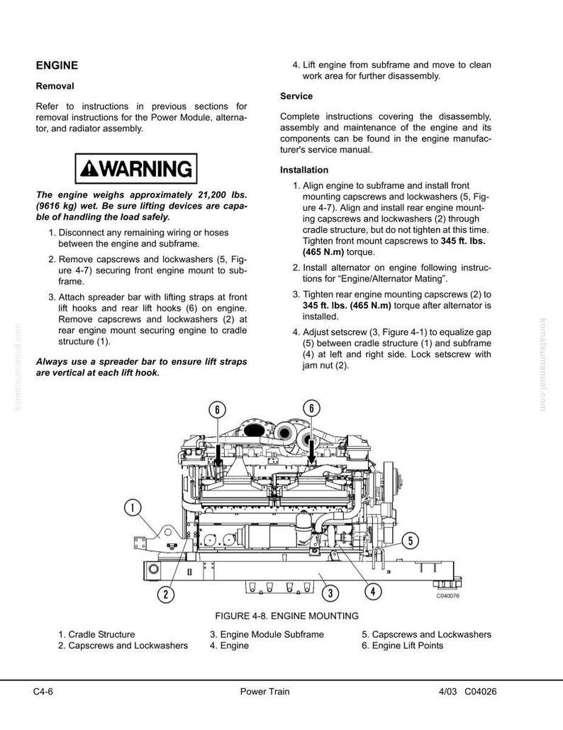 May include: Diagram of an engine mounting assembly with labels for components like the cradle structure, engine module subframe, and engine lift points. The text includes warnings and instructions for engine removal and installation, with torque specifications in ft. lbs.