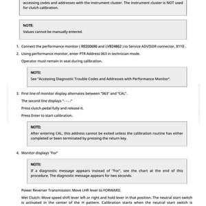 May include: A white document titled "Calibration Procedure-Performance Monitor" with instructions for a performance monitor. The document includes notes, numbered steps, and specific instructions for calibration, including fuse and lever positions.