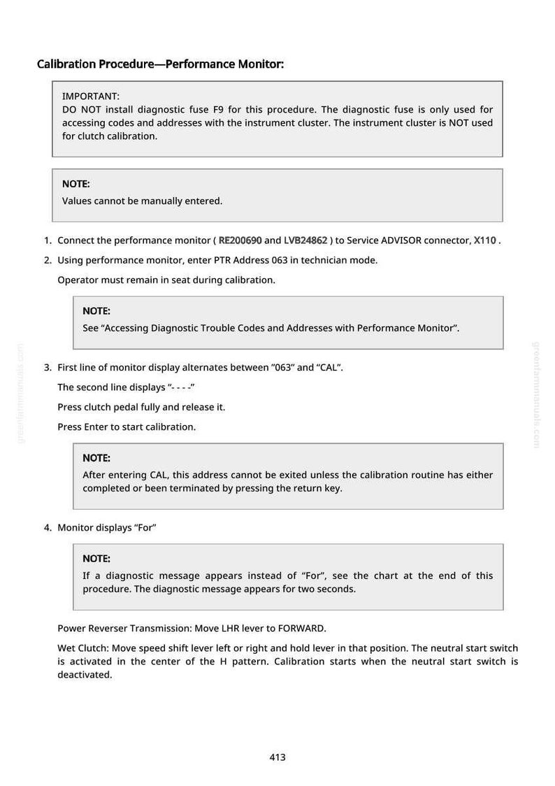 May include: A white document titled "Calibration Procedure-Performance Monitor" with instructions for a performance monitor. The document includes notes, numbered steps, and specific instructions for calibration, including fuse and lever positions.