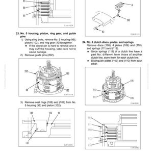 May include: Diagram of transmission disassembly and assembly instructions. The image shows various components labeled with numbers, including pistons, gears, and springs. Text instructions accompany the diagrams, detailing the removal and assembly steps.