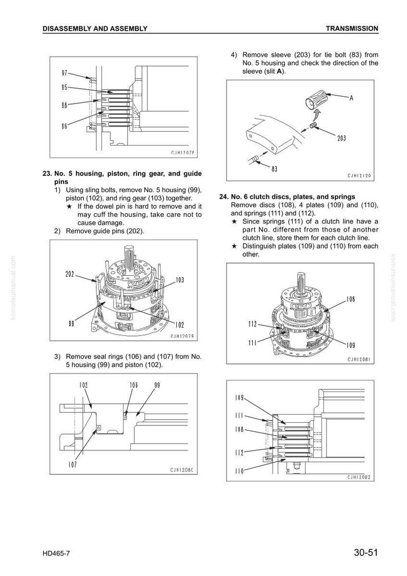 May include: Diagram of transmission disassembly and assembly instructions. The image shows various components labeled with numbers, including pistons, gears, and springs. Text instructions accompany the diagrams, detailing the removal and assembly steps.