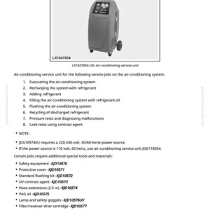 May include: An air-conditioning service unit, model LX1047834, is shown. It is a gray, wheeled machine with a control panel. The image includes a list of service jobs and required tools.