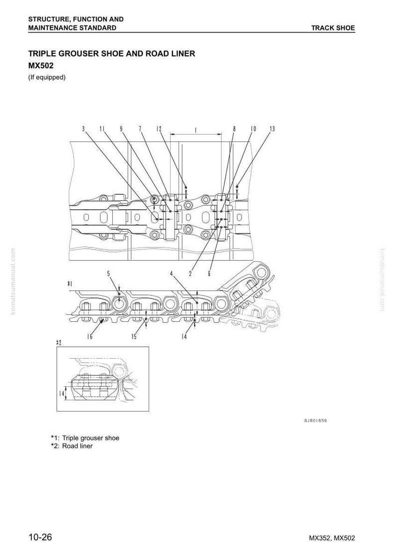 Puede incluir: Diagrama t&eacute;cnico de un zapato de triple garra y revestimiento de carretera, modelo MX502. El diagrama muestra componentes mec&aacute;nicos detallados con etiquetas y medidas. La imagen incluye texto: Estructura, Funci&oacute;n y Est&aacute;ndar de Mantenimiento.